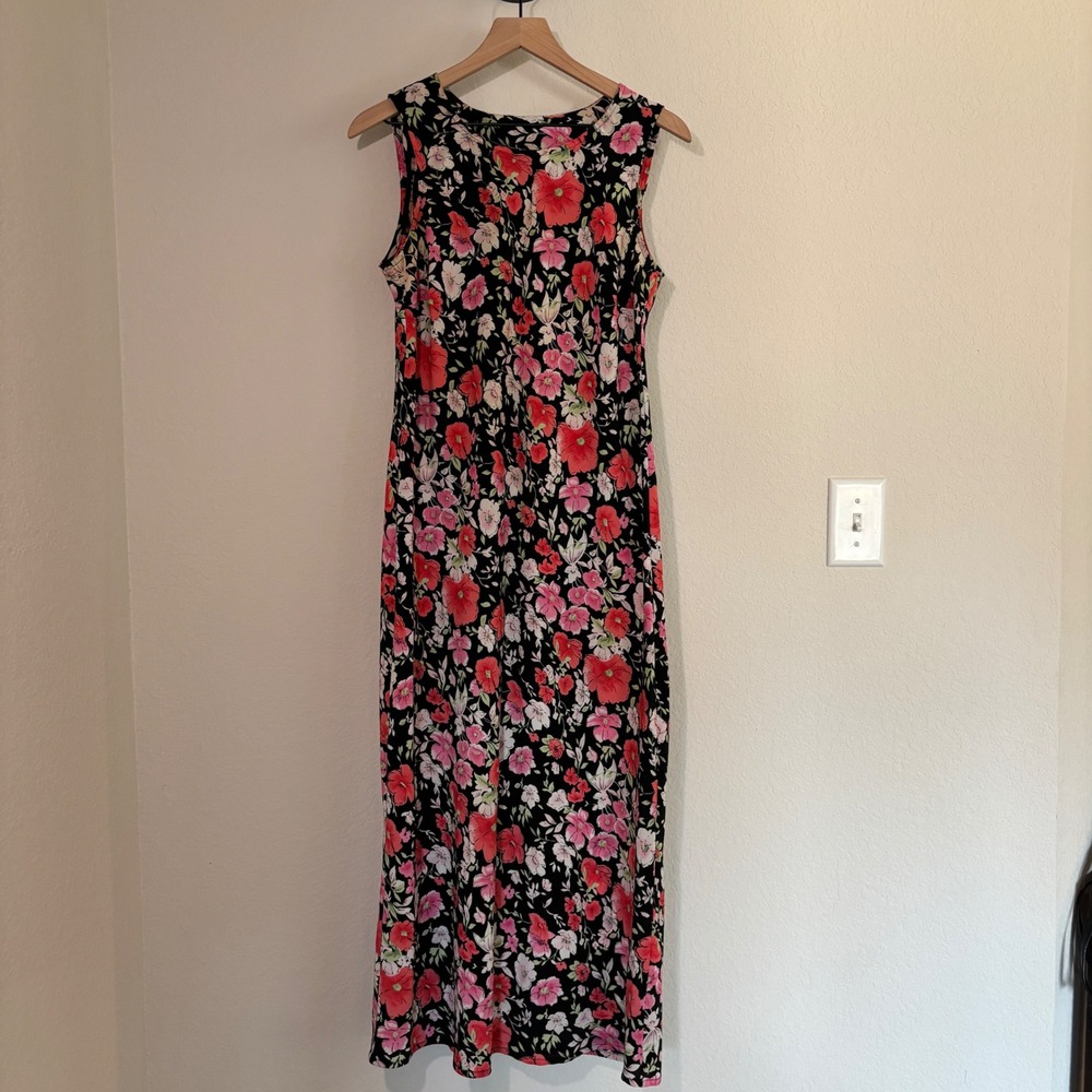 Vintage Maxi Dress Floral Print M Sleeveless Black Pink Cottagecore